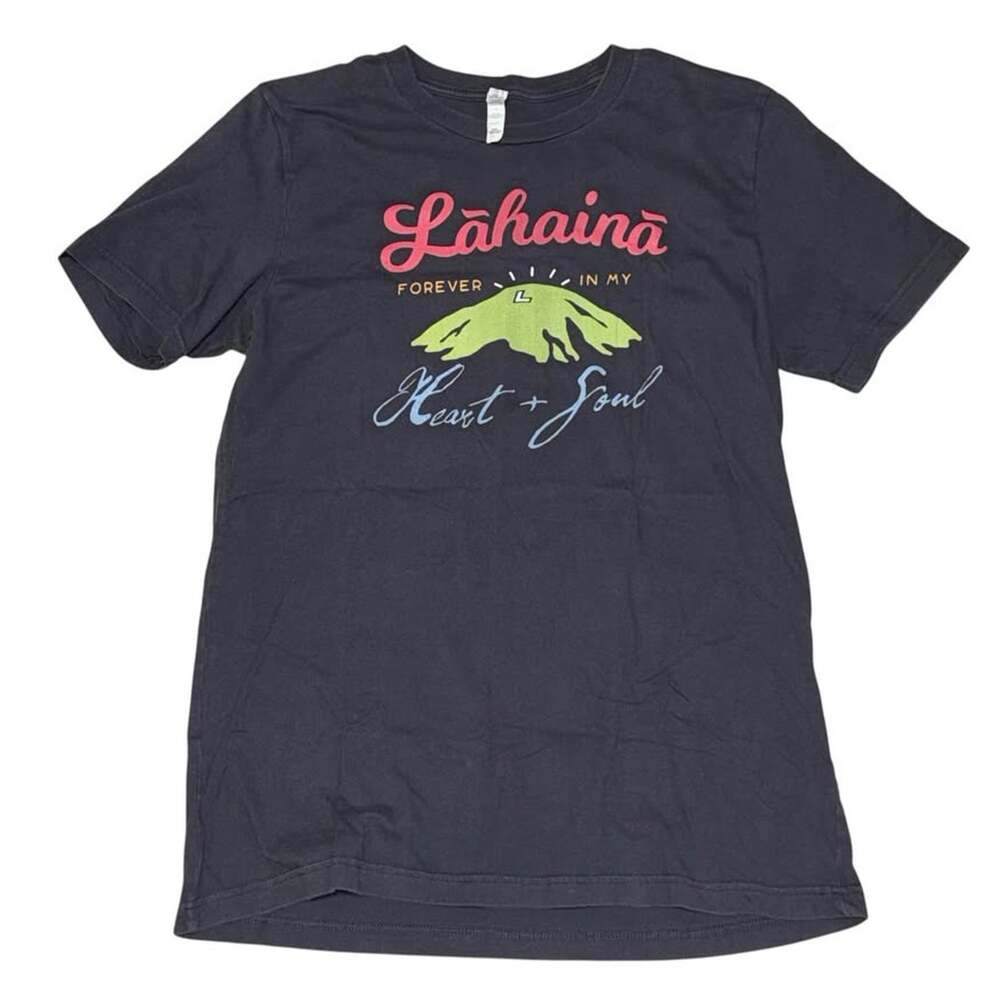 HAWAIIAN SHIRT LAHAINA WOMENS LARGE BLACK FOREVER IN MY HEART SOUL MAUI TEE